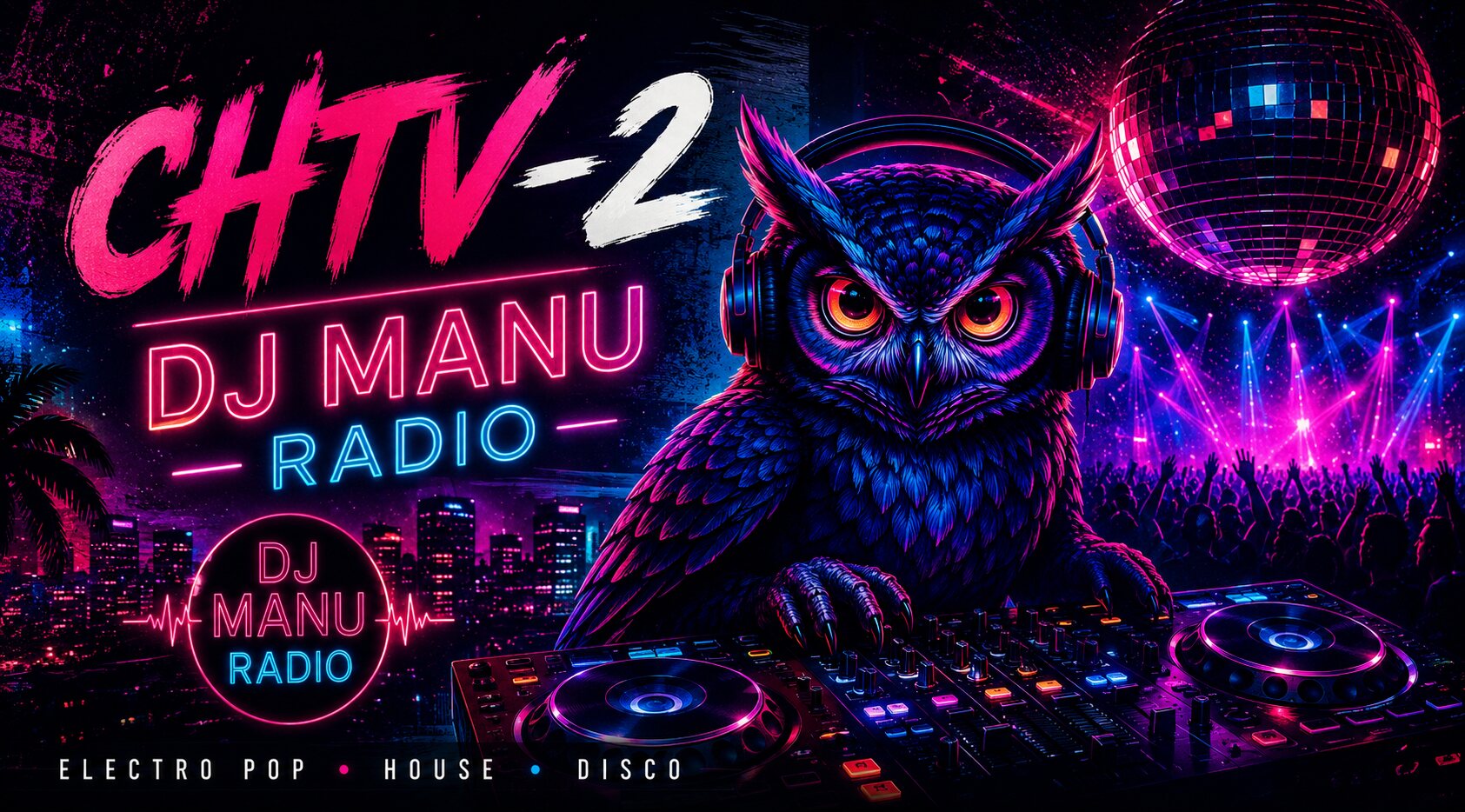 Le hibou DJ Manu Radio aux platines dans un club