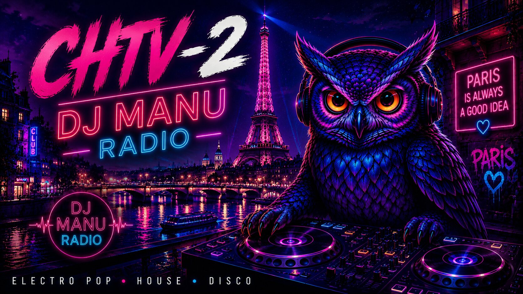 Le hibou DJ Manu Radio devant Paris illuminé